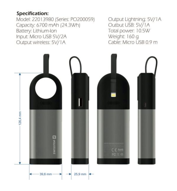 Swissten 2in1 Apple Watch MFI Power Bank 6700 mAh