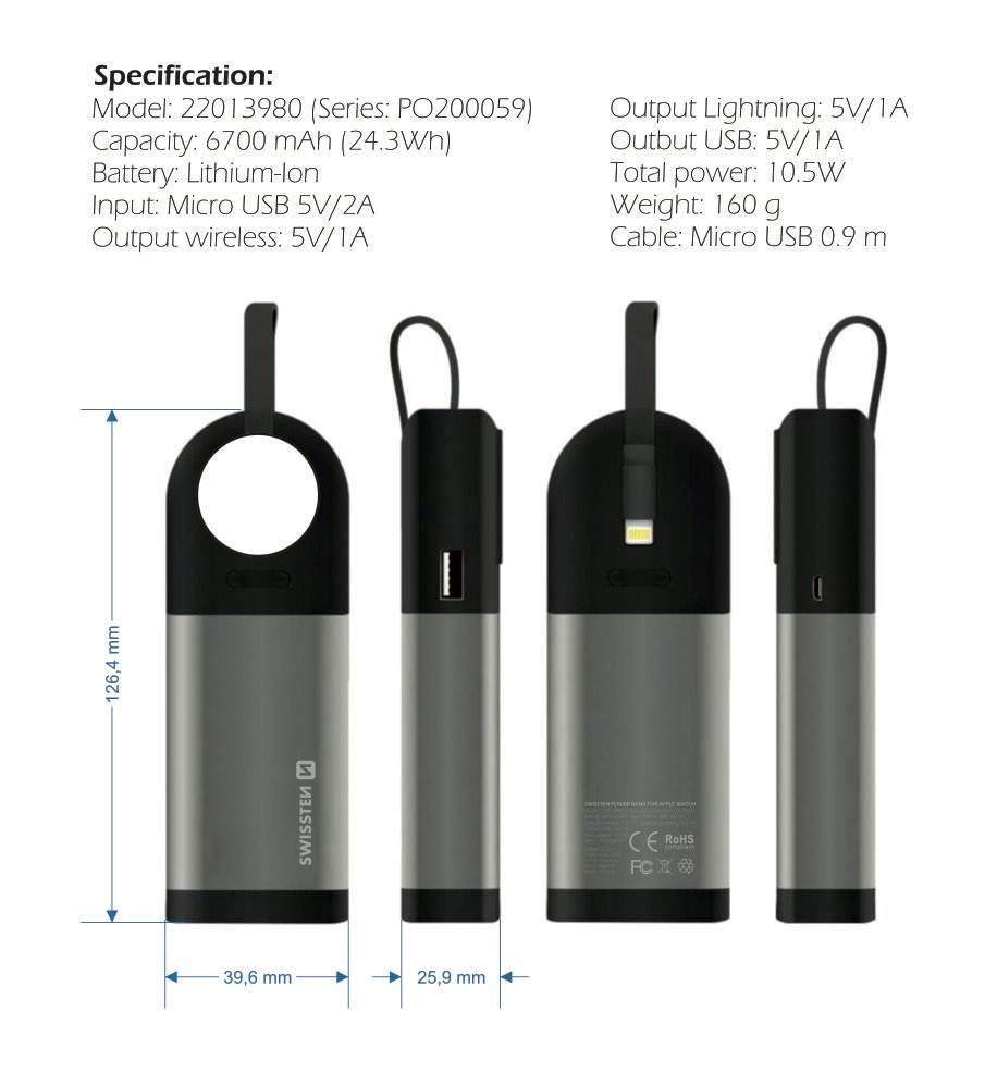 Swissten 2in1 Apple Watch MFI Power Bank 6700 mAh