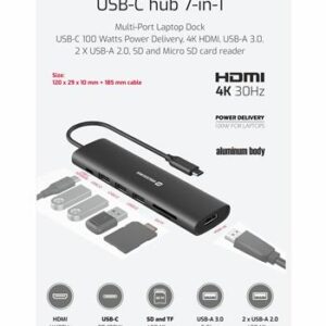 Swissten USB-C Hub 7-in-1 (USB-C 100W, HDMI 4k, 1x USB-A 3.0, 2x USB-A 2.0, SD, Micro SD) Aluminium