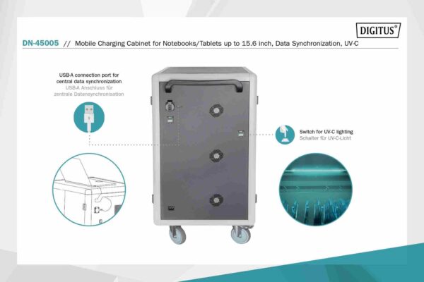 DIGITUS Mobilní nabíjecí skříňka pro notebooky / tablety do 15,6”, synchronizace dat, UV-C Osvětlení-Sterilizace