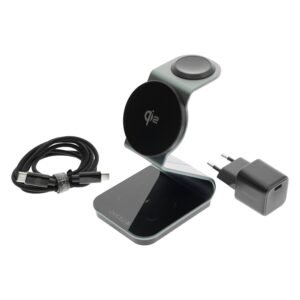 Dviced 3-in-1 Magnetic Qi2 wireless charger stand w cable, wall charger - Tarnish gray