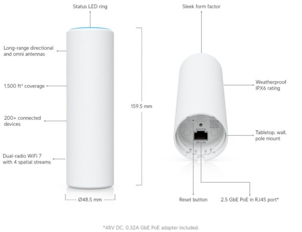 Ubiquiti UniFi U7 Mesh - Wi-Fi 7 AP, 2.4/5GHz, bis 5 Gbps, 1x 2.5GbE, IPX6, PoE (mit PoE-Injektor)