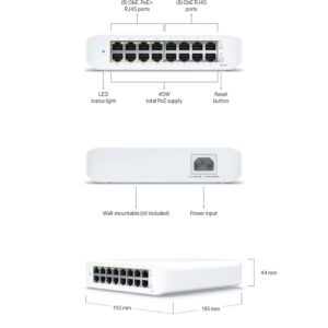 Ubiquiti UniFi Switch Lite 16 PoESwitch, 16× Gbit RJ45, 8× PoE 802.3at, 45W