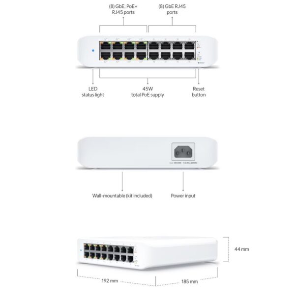 Ubiquiti UniFi Switch Lite 16 PoESwitch, 16× Gbit RJ45, 8× PoE 802.3at, 45W