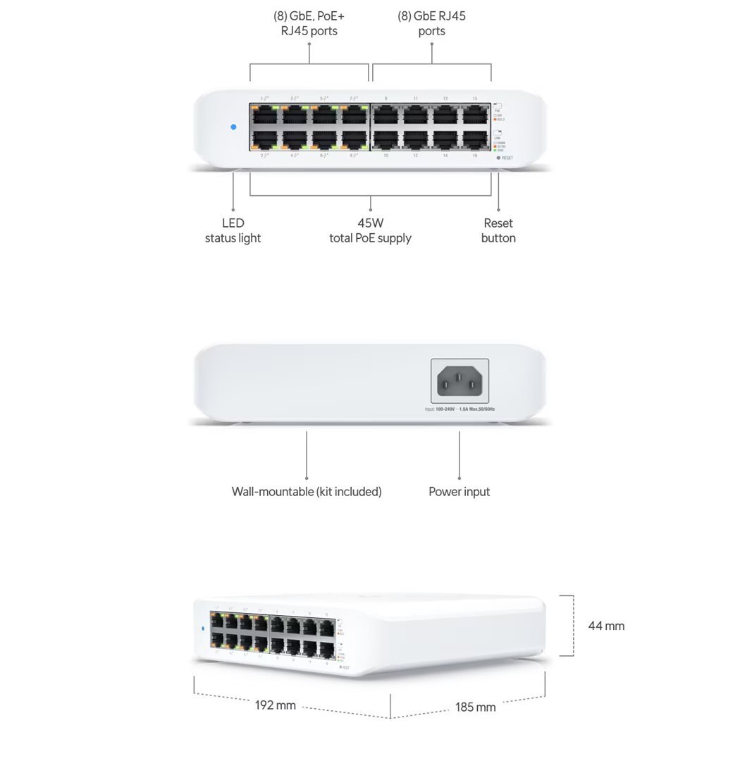 Ubiquiti UniFi Switch Lite 16 PoESwitch, 16× Gbit RJ45, 8× PoE 802.3at, 45W