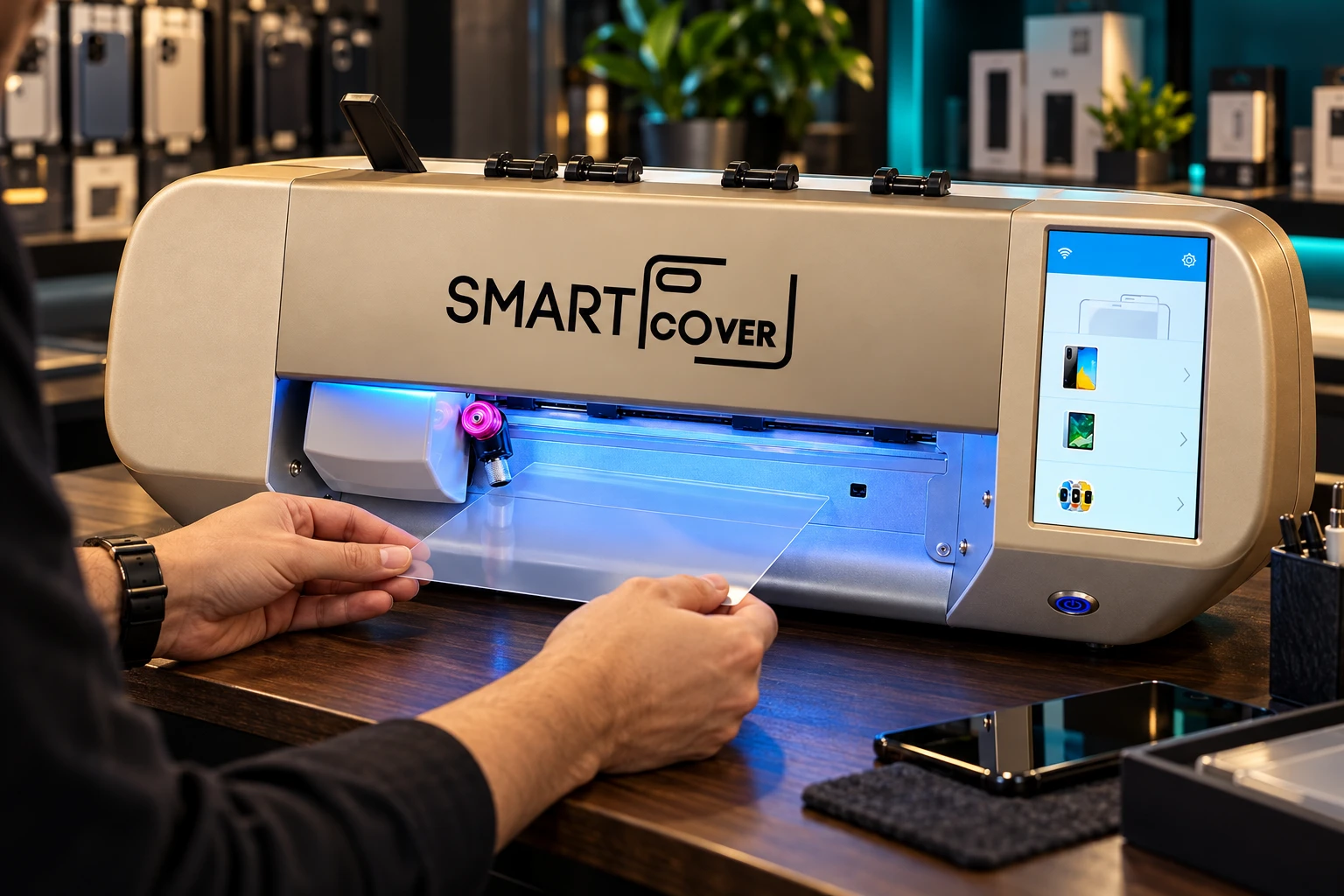 SMARTCOVER Folienschneidemaschine mit Display + 50 Smartphone-Folien